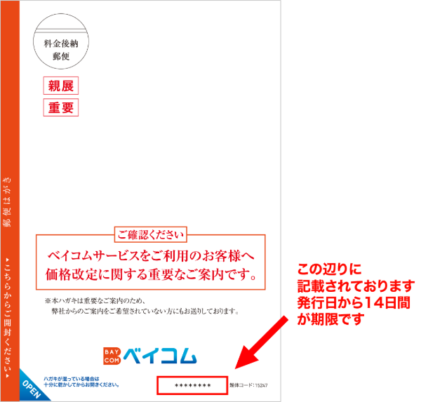 ハガキ右下に記載の発行日から14日間が期限